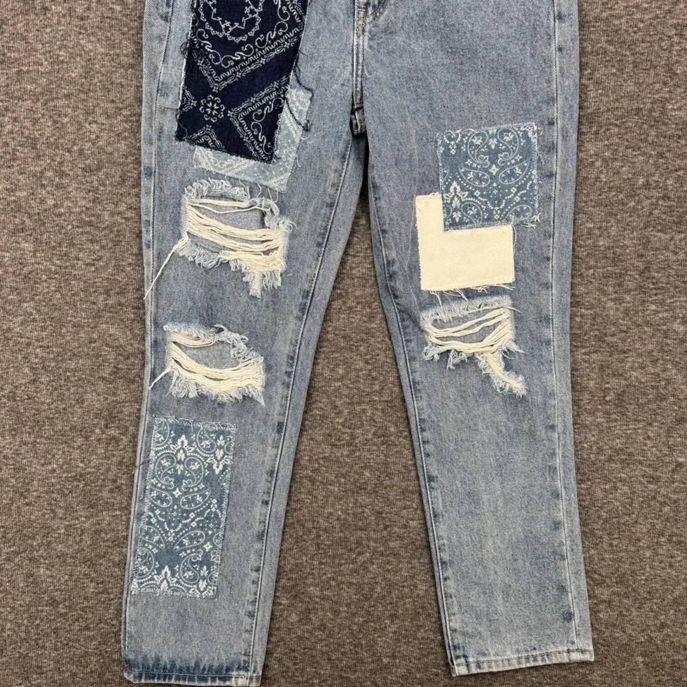 Simple Society Womens Patchwork Distressed Straight Leg Jeans Light Wash‎ Size 1